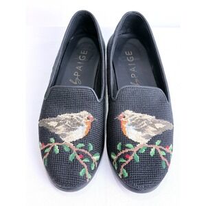 By Paige Needlepoint Loafers Black Robin Bird Holly Smoking Slippers Womens